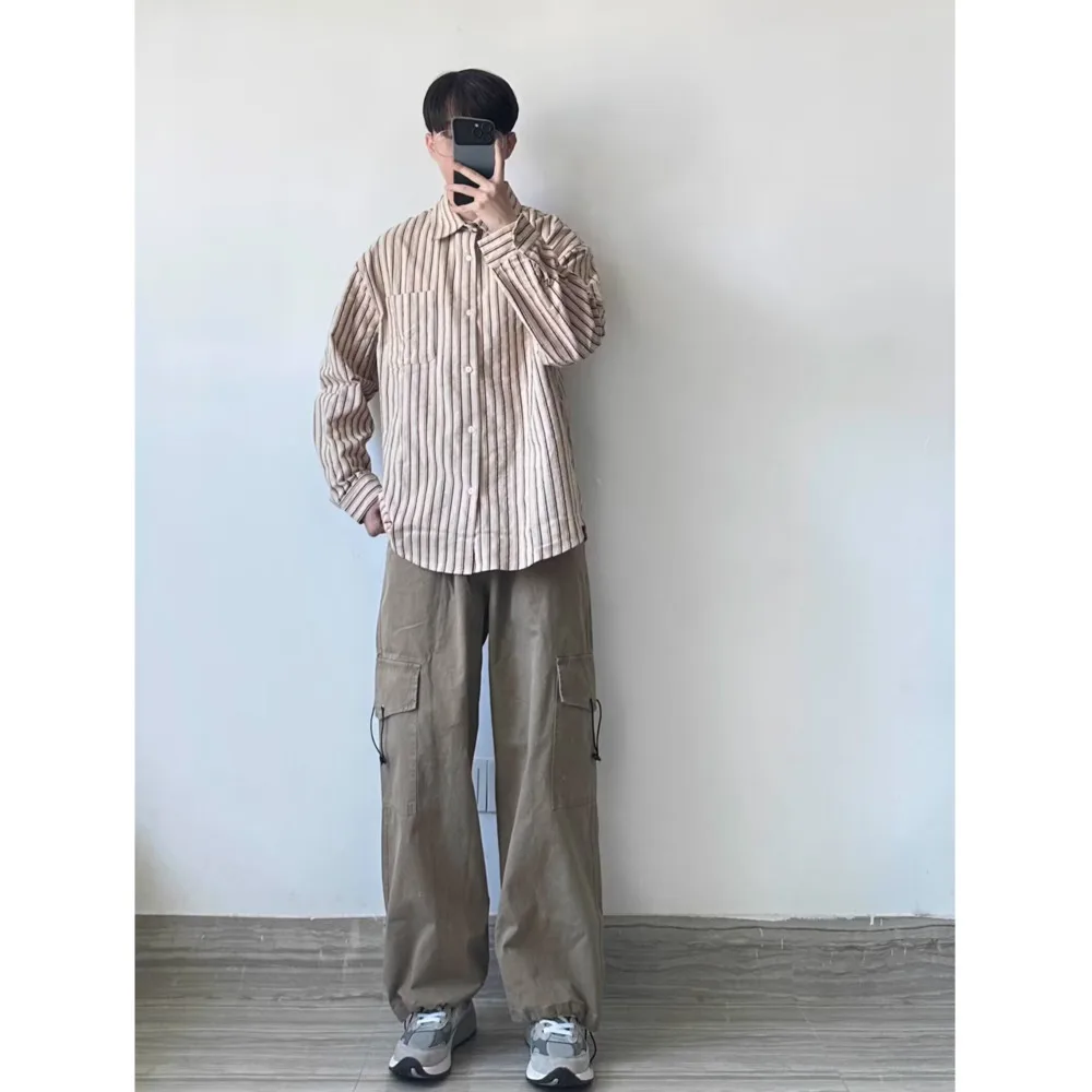 Retro Workwear Shirt Men Long Sleeve Solid Stripe Design Loose Comfort Fit Breathable Cotton Blend Urban Commute Casual Style