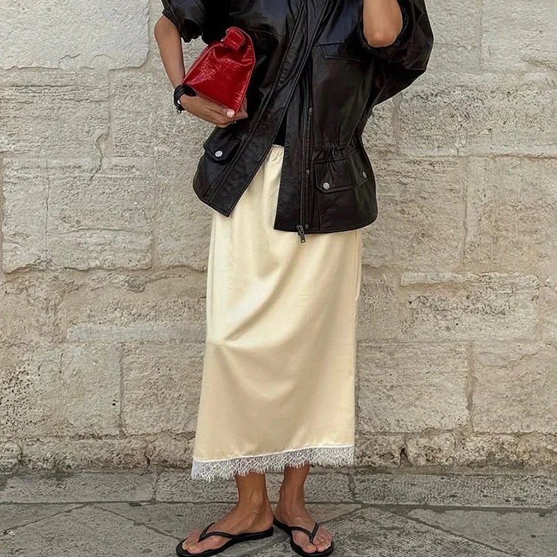 

Splice Lace Straight Skirt For Women High Waist Casual Long Skirt Fashion Slim Club Party Clothes 2025 New Commuting