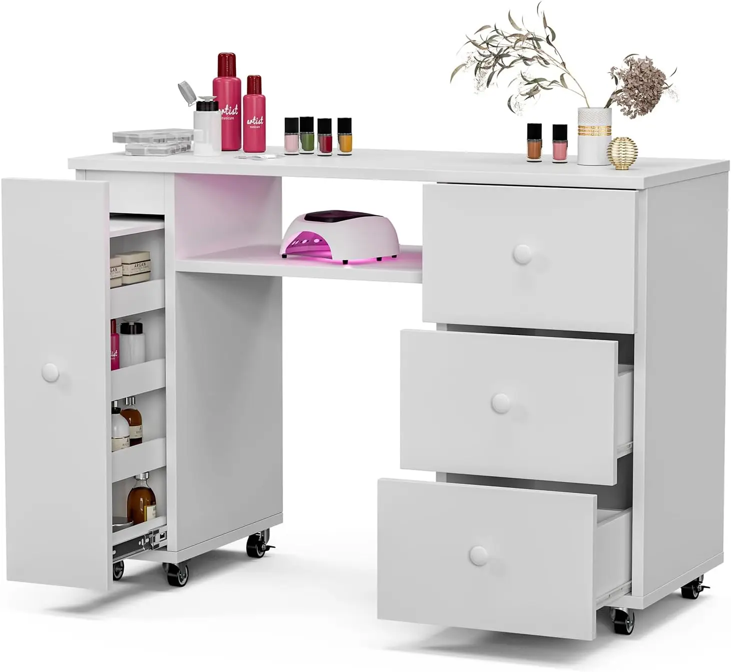 

Nail Salon Table with 3 Drawers and 1 Vertical Storage Cabinet, Anti Acetone with Lockable Wheels, White Beauty Salon Nail Table