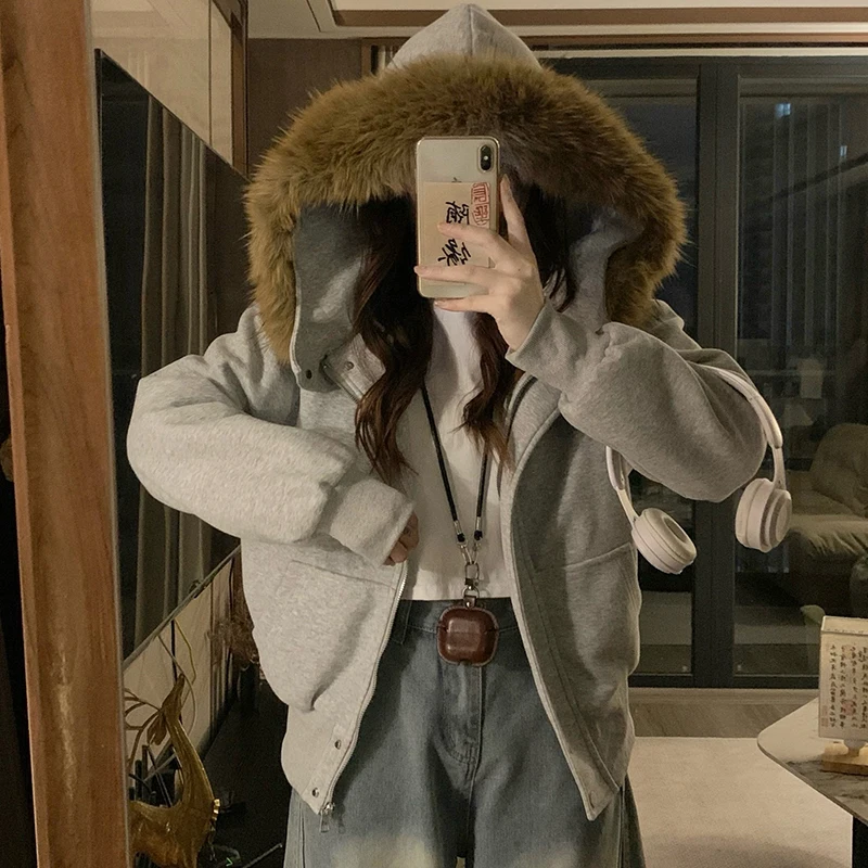 

Women's Hooded Jacket Solid Color Autumn Winter Casual Warm Top Vintage Female Long Sleeve Zipper Short Coat 2000s Clothes