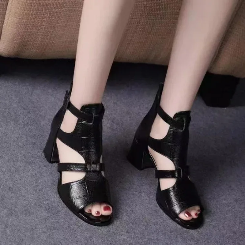 Women Sandals 2024 Summer Chunky High Heels Soild Gladiator Open Peep Toe Women Shoes Buckle Back Zipper Sandalias De Mujer