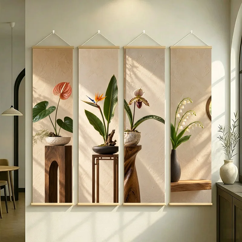 Wall Art Paphiopedilum Orchid and Bird of Paradise, Wabi-Sabi Silver Shimmer Canvas Hanging Scroll for Japandi Living Room