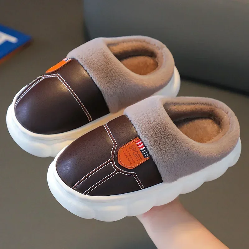 Children Cotton Slippers Princess Shoes Kids Warm Winter Waterproof Leather Furry Slippers Little Girl Boy Soft Sole Baby Shoes