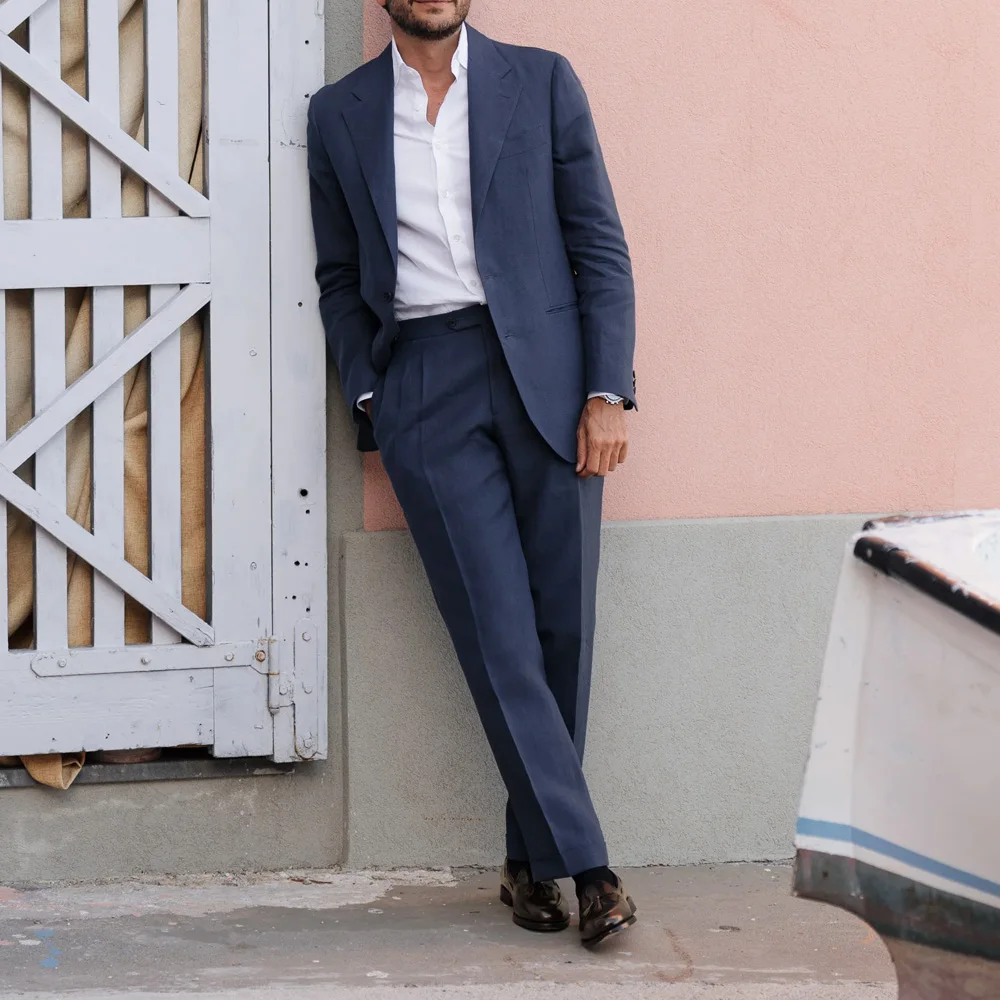 

Мужской повседневный костюм с лацканами, удобный комплект из легкой льняной ткани, модные костюмы, комплекты из двух предметов