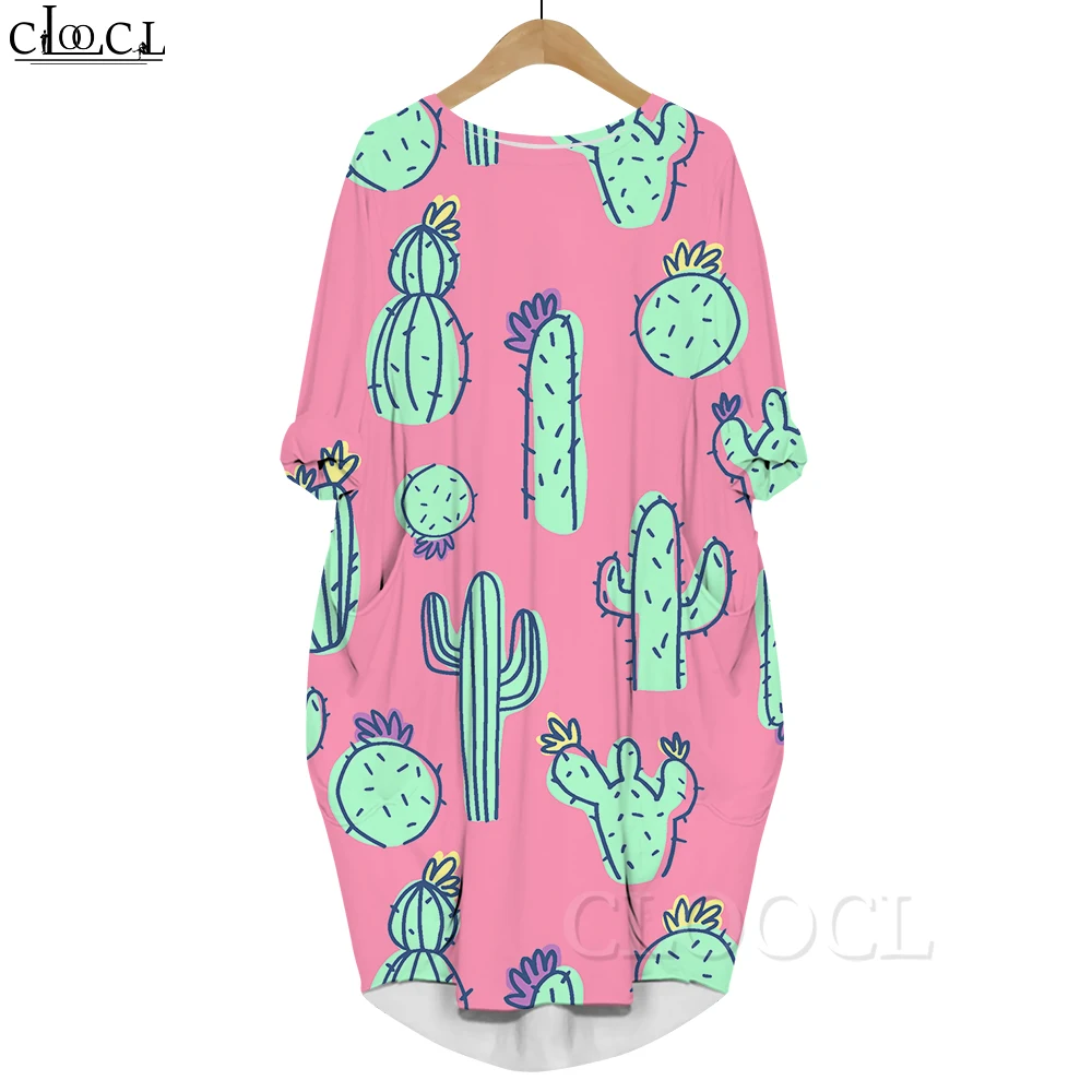 CLOOCL Autumn Dress Desert Cactus Pattern 3D Printed Loose Long Sleeve Dress with Pocket Female Casual Clothes Vestidos 2022