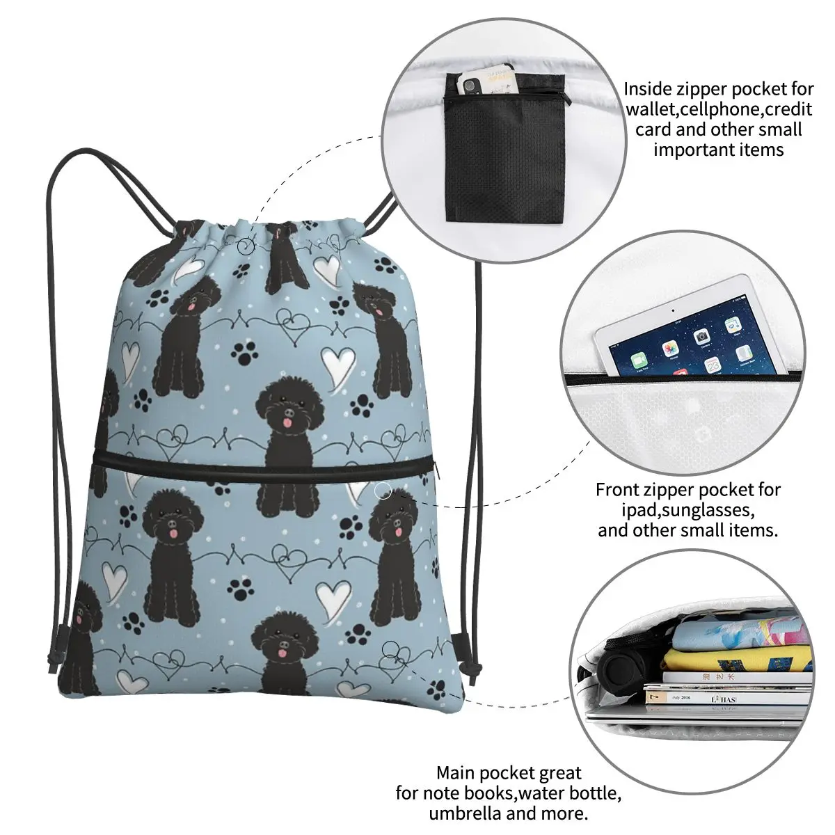 LOVE Black Toy barboncino zaini portatili borsa con coulisse Fashion coulisse Bundle Pocket borse per articoli vari per studenti delle scuole