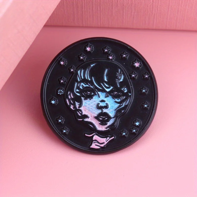 Galactic Muse Enamel Pin - Blue/Pink Gradient Portrait with Stardust Hair & Celestial Accents for Artwear & Nightlife