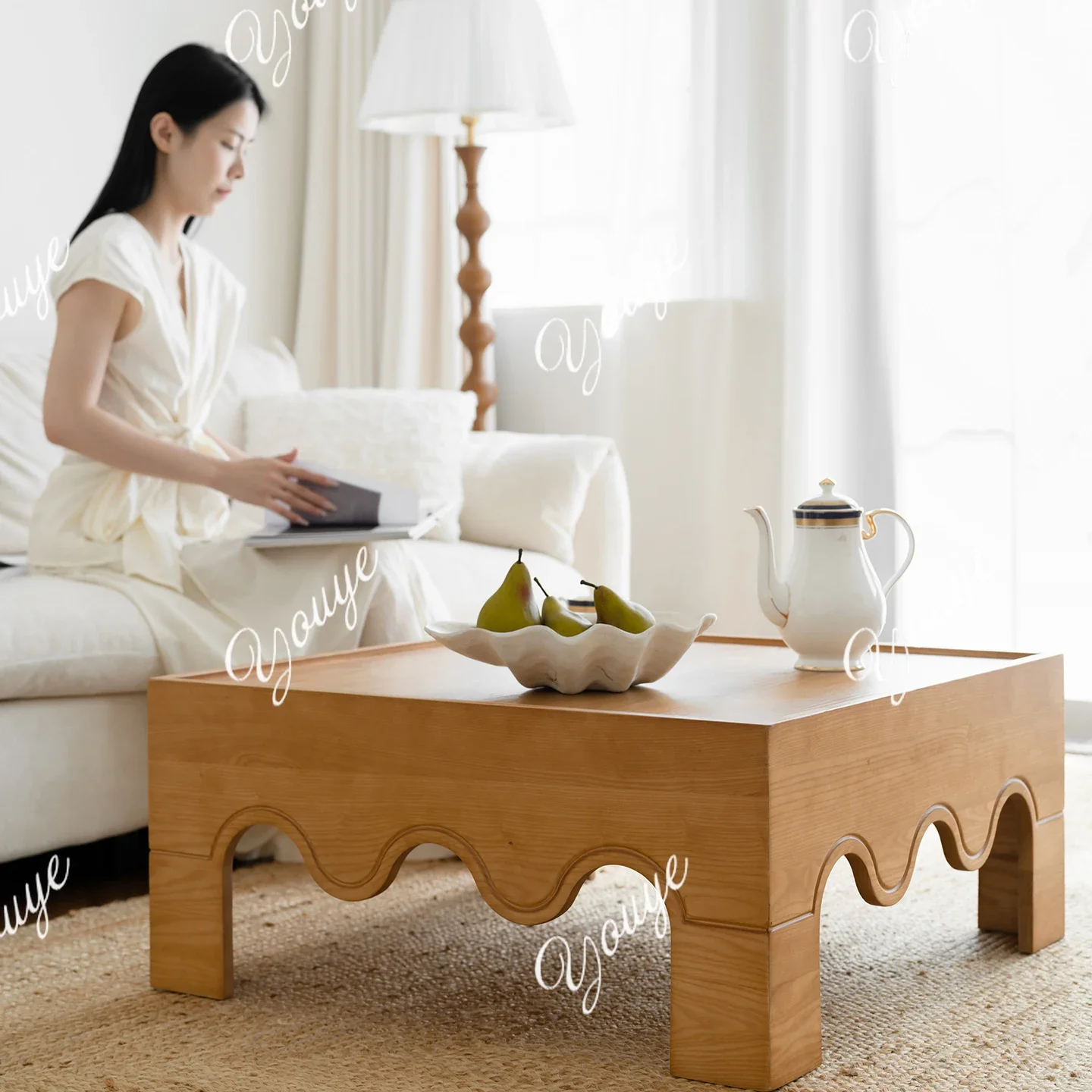 J French Retro Solid Wood Coffee Table Living Room Sofa Art Coffee Table Simple Square Small Low Table