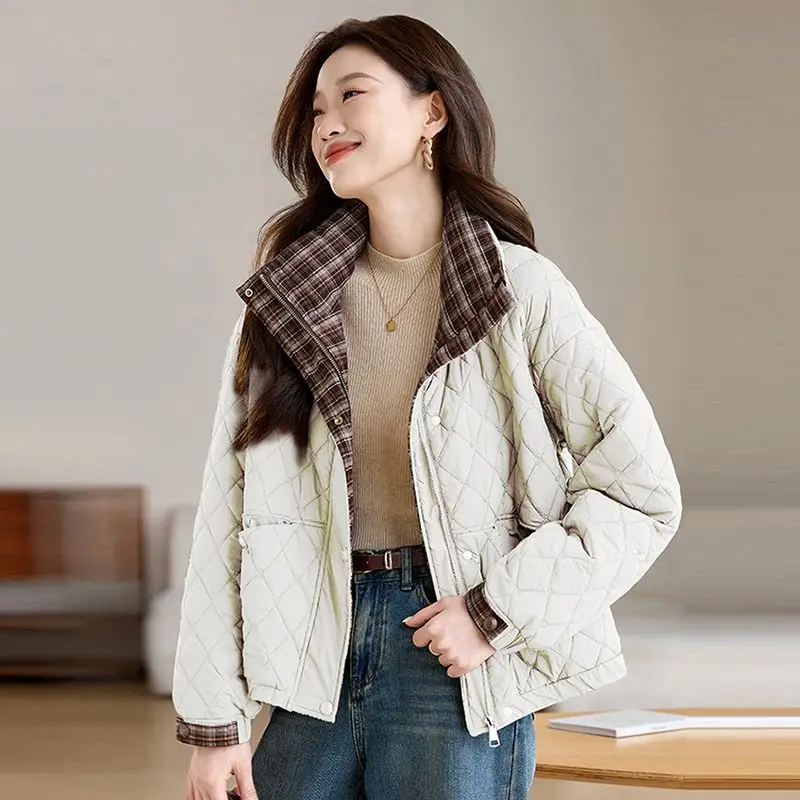 Women's Clothing Fashion Stand-up Collar Diamond Pattern Thin Cotton Coat Autumn Winter Loose Fit Warm Outerwear Cotton Coat