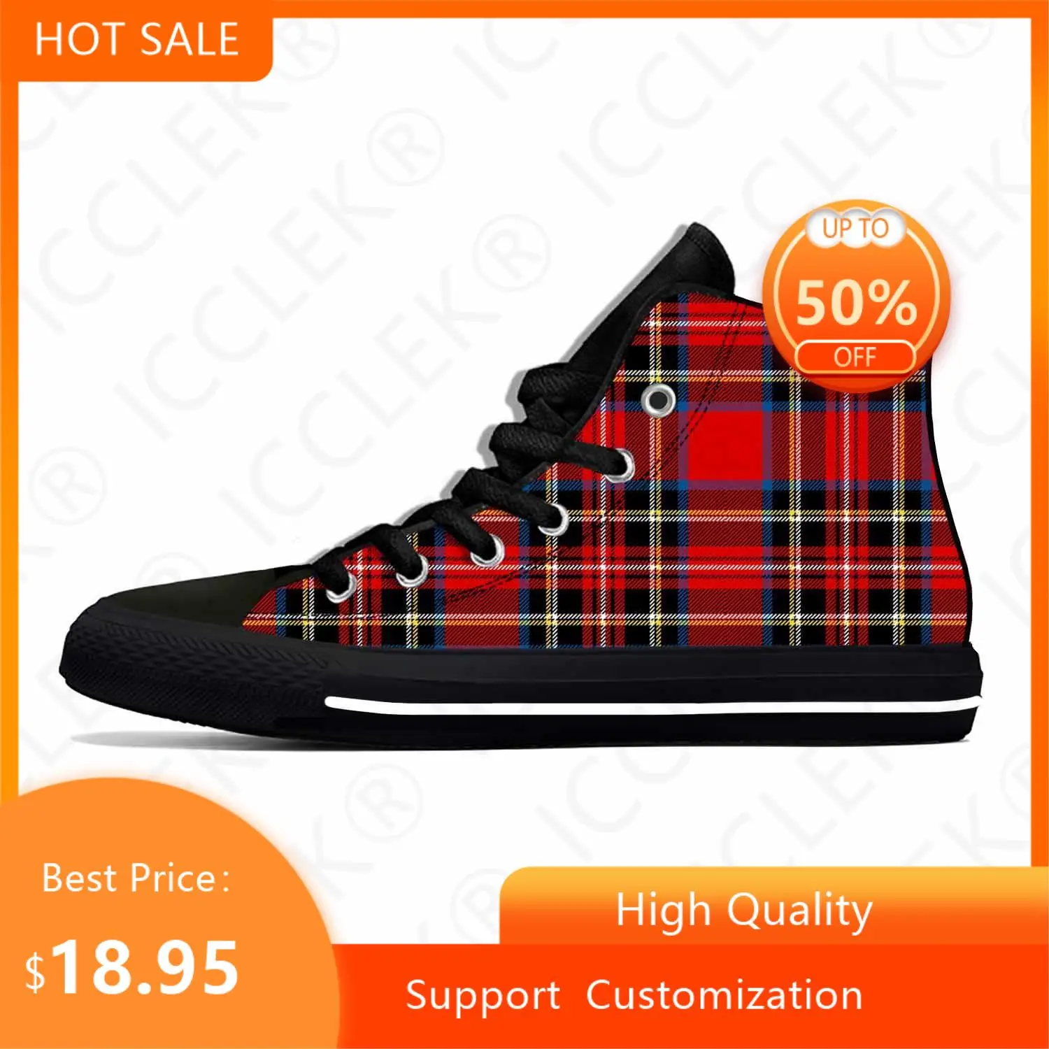 Red Scottish Stewart Clan Tartan Plaid Royal Cool Casual Shoes High Top Mens Womens Teenager Comfortable Breathable Sneakers