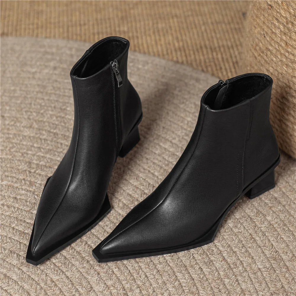 MILI-MIYA Fashion Big Size 34-43 Sexy Pointed Toe Women Cow Leather Ankle Boots Thick Heels Solid Color Slip On Handmade