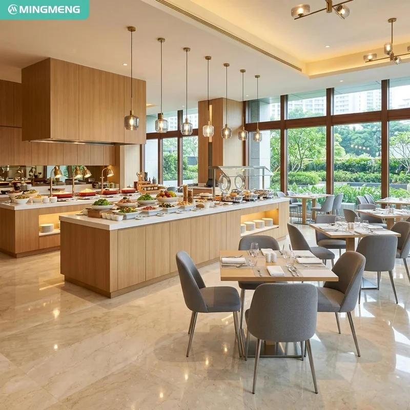 Modern Hotel Buffet Restaurant Furniture Set Solid Wood Dining Table Fabric Upholstered Dining Chair Dining Hall Project