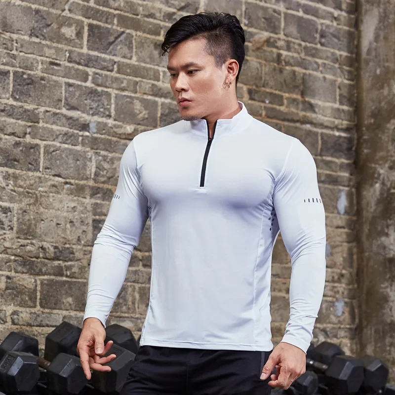 Men Tight Sport T-Shirt Long Sleeve Gym Running Clothing Fitness Compression Sportswear Zip Pullover Hiking Rashgard Sweatshirt