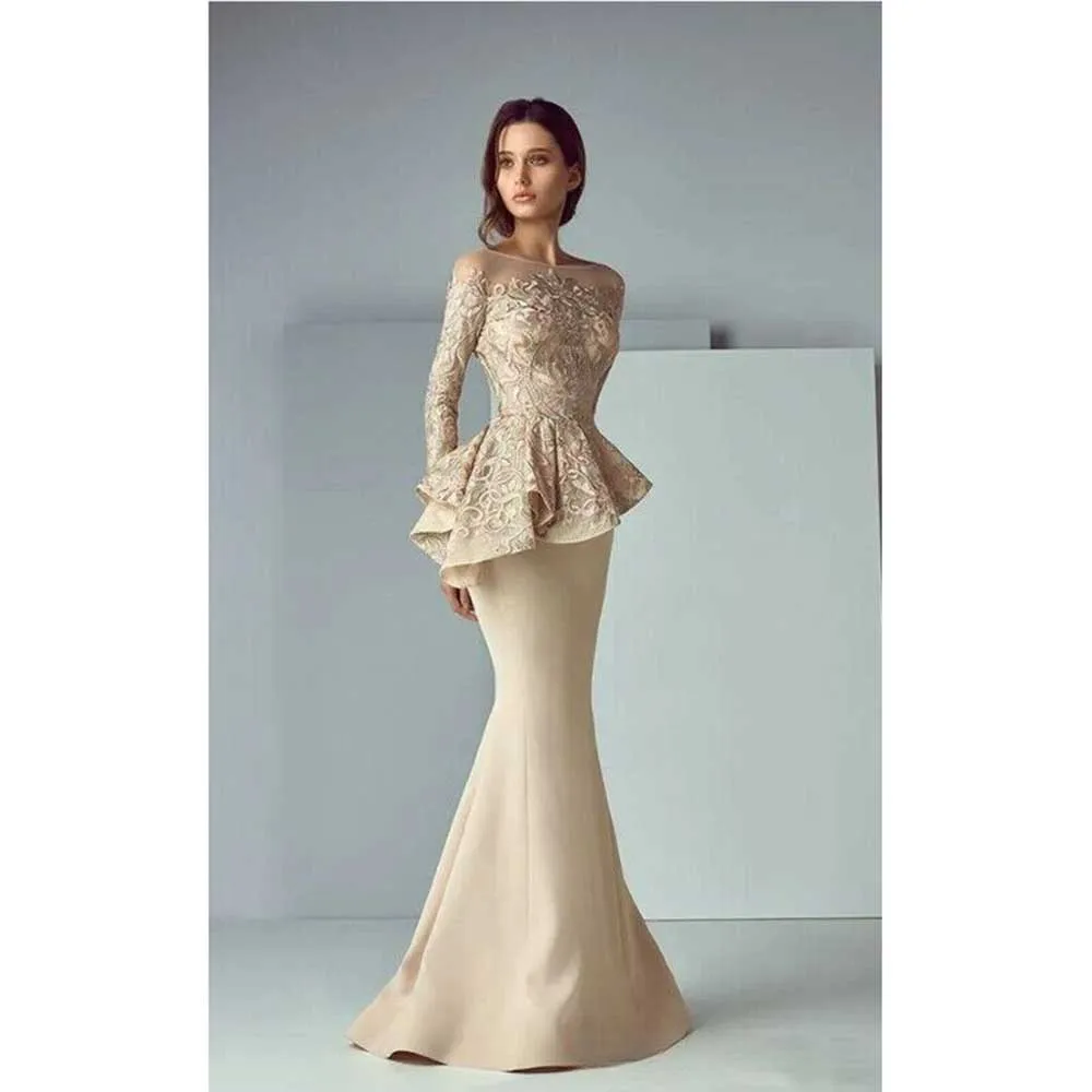 

Elegant Champagne Mother of the Bride Dresses High Quality O-Neck Full Sleeves Floor Length Trumpet Slim Fit Women Prom Gowns