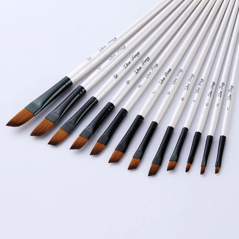 12 Pcs/set Nylon Hair Wooden Handle Watercolor Paint Brush Pen Set for Learning Oil Acrylic Painting Art Paint Brushes Supplies