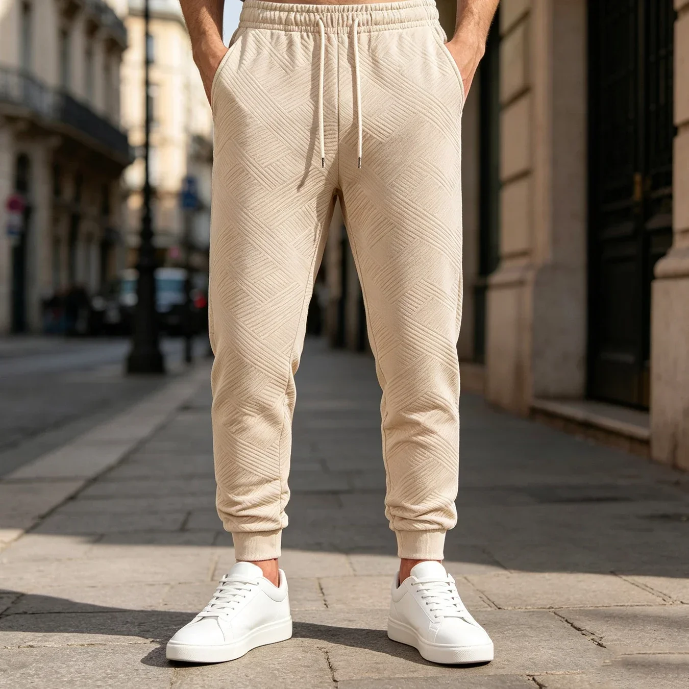 Mens Jacquard Pattern Joggers Elastic Waist Drawstring Tapered Leg Rib Cuff Side Pocket Casual Sweat Pants