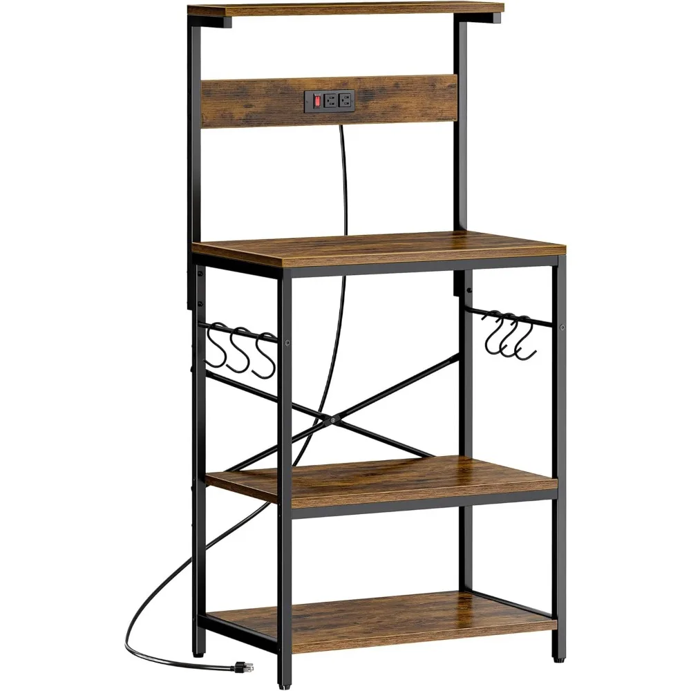 

Kitchen Bakers Rack with Power Outlets, 4-Tier Coffee Bar Table, Microwave Stand with Hooks for Storage - Rustic Brown