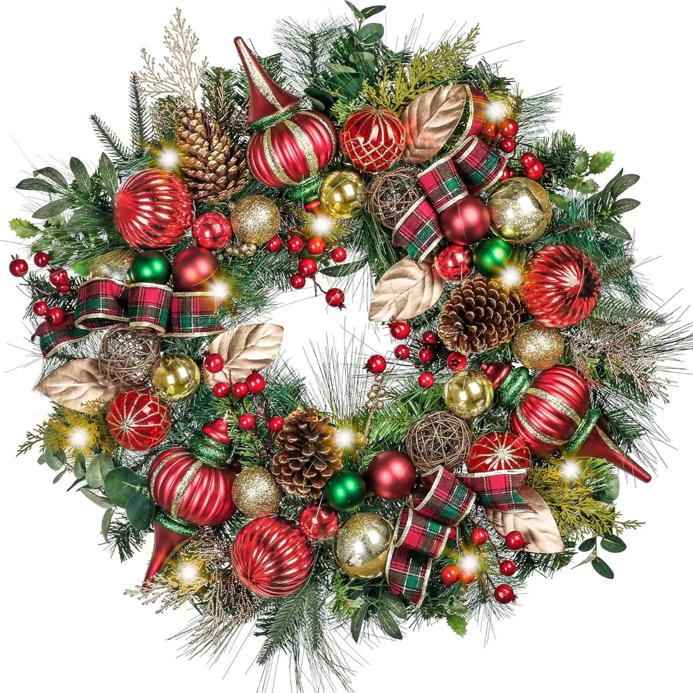 

Pre-Lit Christmas Wreath for Front Door with Lights, 30 Inch Large Lighted Christmas Wreath with Red Green Gold Xmas Ball Ribbon