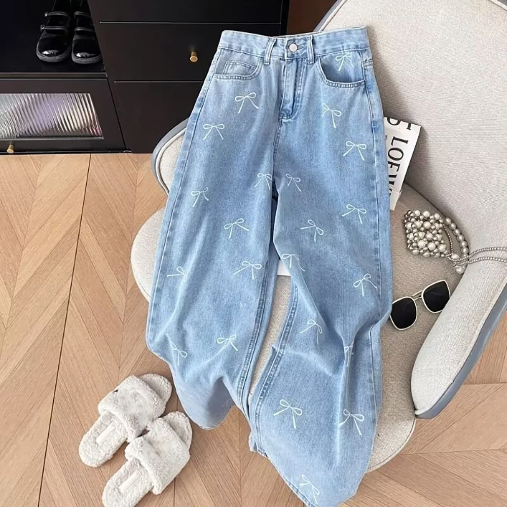 Chic Bow Printting Women's Jeans Spring New High Waist Loose Straight Wide Leg Pants Korean Style Versatile Denim Pants