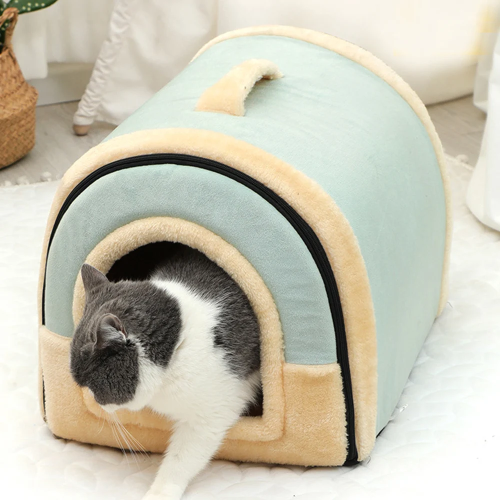 Hanpanda Portable Handle Type House For Cats 16 Kinds Printings Semi-enclosed 3D Plush Removable&Washable Warm Cat Villa Tent