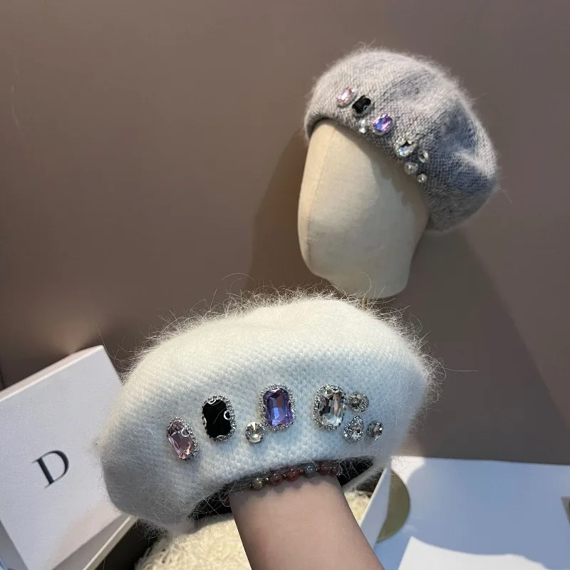 

​​2025 Angora Beret Women Rabbit Wool Rhinestones Elegant Fairycore Daily Casual Artist Hat Vintage French Style Free Shipping​​