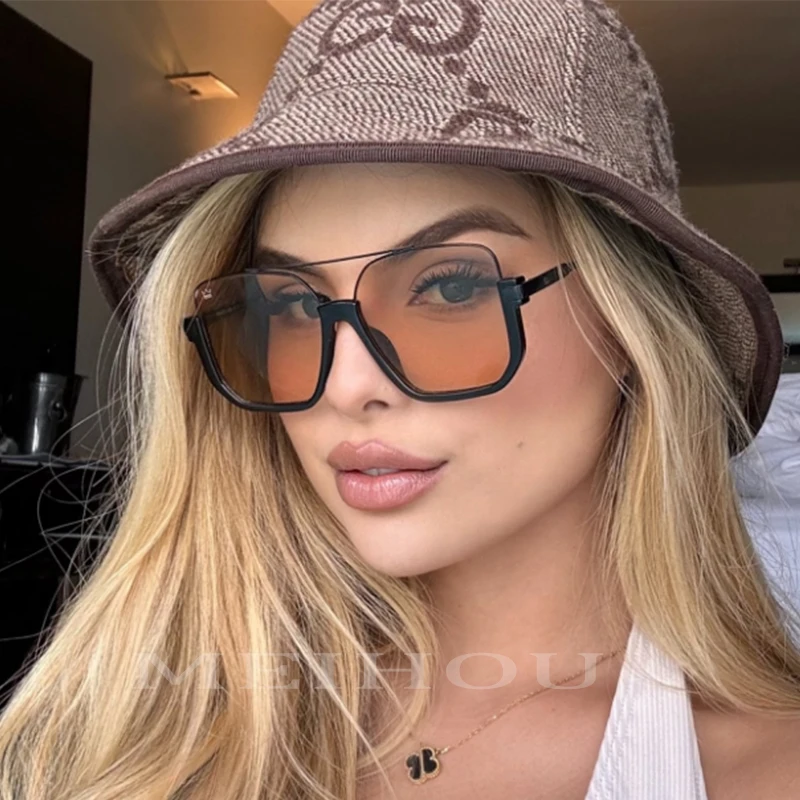 أزياء براون مربع المرأة النظارات الشمسية الجديدة خمر المتضخم جسور مزدوجة نظارات شمسية الإناث الفاخرة شقة أعلى ظلال النظارات #1