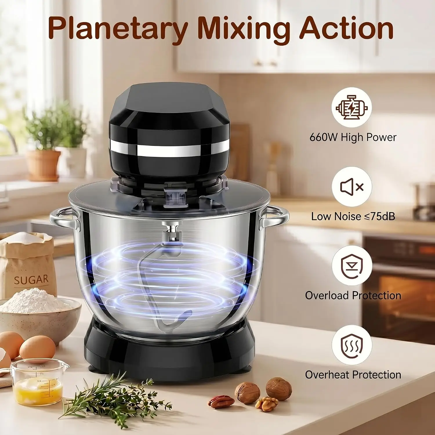 6in1 Stand Mixer 65 Quart Bowl 660W 10p Speeds Kitchen Food Mixer Tilt Head Bread Dough Cake Mixers Home Daily Use Black