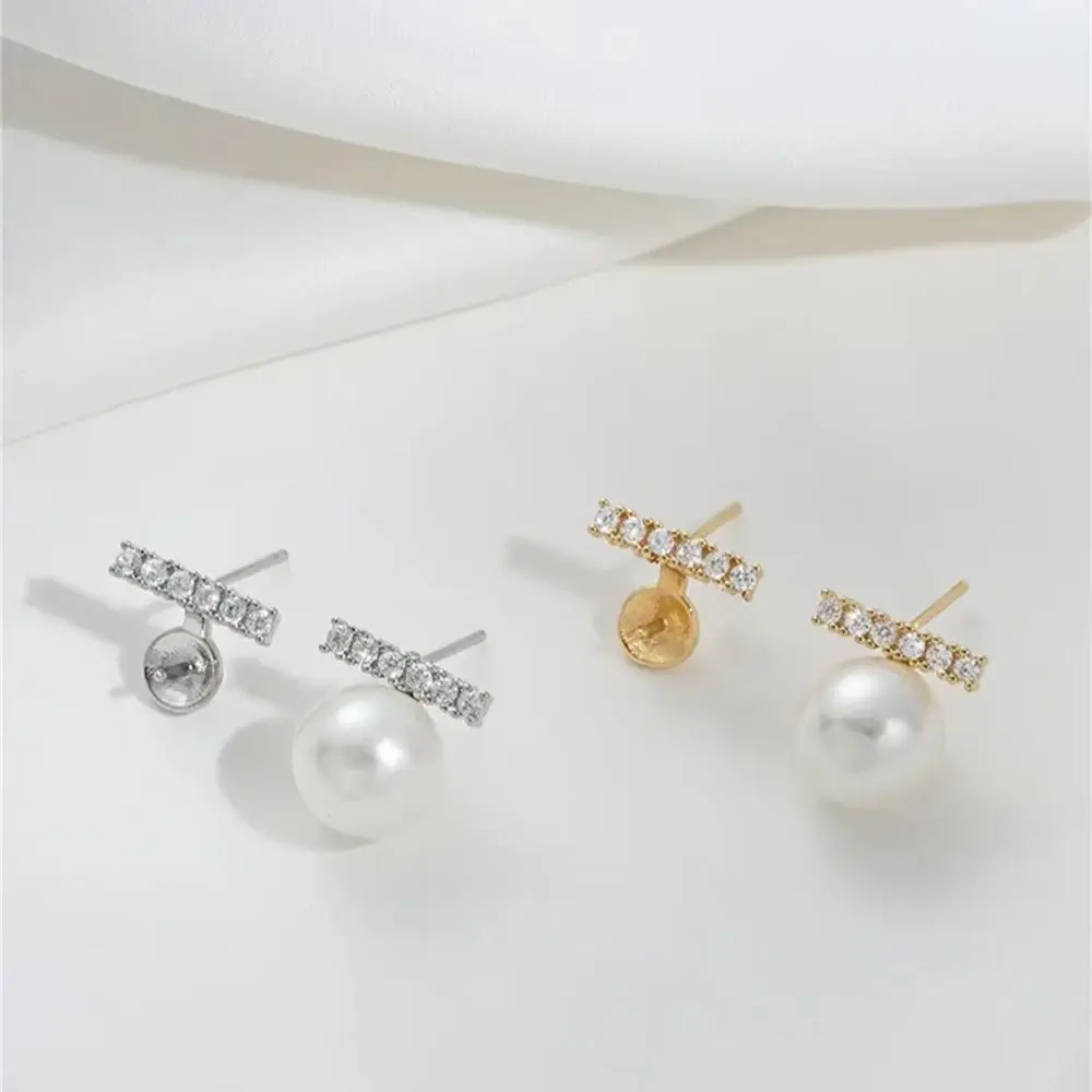 

14K Gold-plated C-shaped I-shaped Zircon Half-hole Bead Stud Earrings 925 Silver Needle Bonded Pearl Earrings Accessories F418