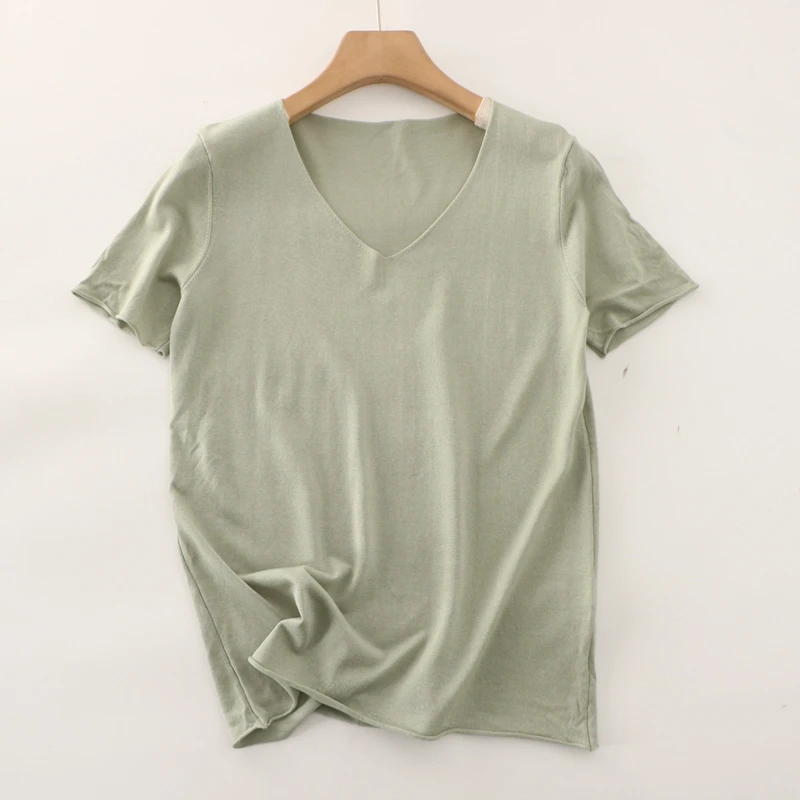 

Silk Blend Knitted ort Sve V-Ne Top Thin Pure Color Versatile Simple Design Commute Sle Summer Faion Women's irt
