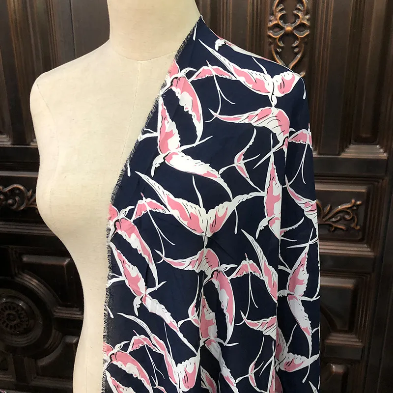 

1 meter 100% Mulberry Silk 15 momme Crepe Silk Fabric Black Bird Printed 140cm 55" wide by the yard CY080