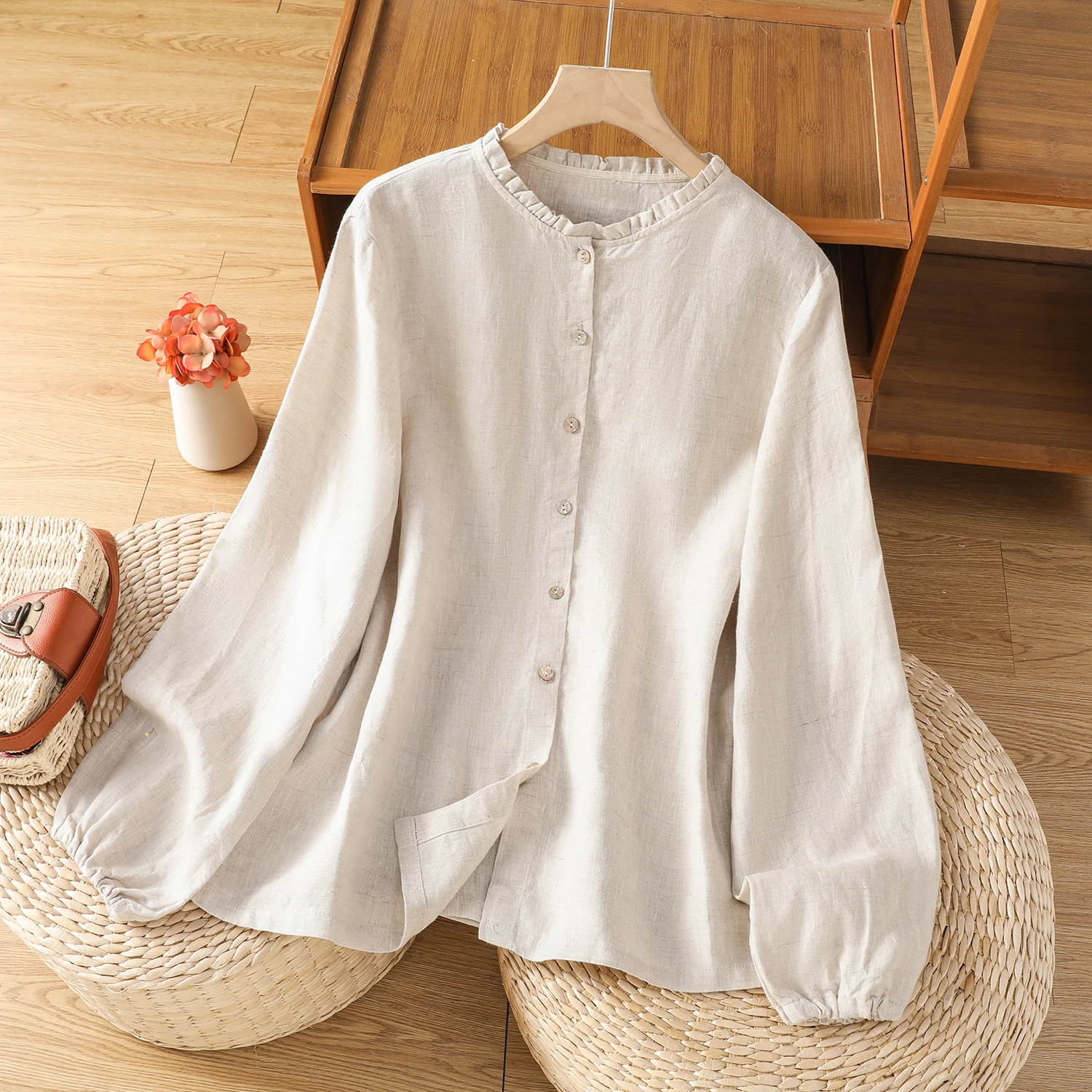 

plus Size Women's Cotton Linen Long Sleeve Shirt Spring Summer New Style Slimming Top Button up Style Artistic Commute Fashion