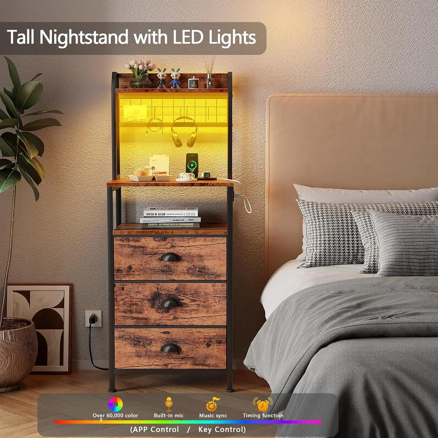 منضدة طويلة 44 إنش مع محطة شحن ، طاولة بجانب السرير مع مصابيح ليد ، طاولة نهاية مع 3 أدراج ورفوف تخزين ، طاولة ليلية #3