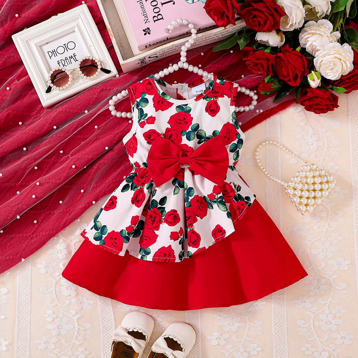 

Girls Rose Print Dress Sleeveless Design Big Red Bow Sweet Princess Skirt Children's Clothing Kids' Dresses