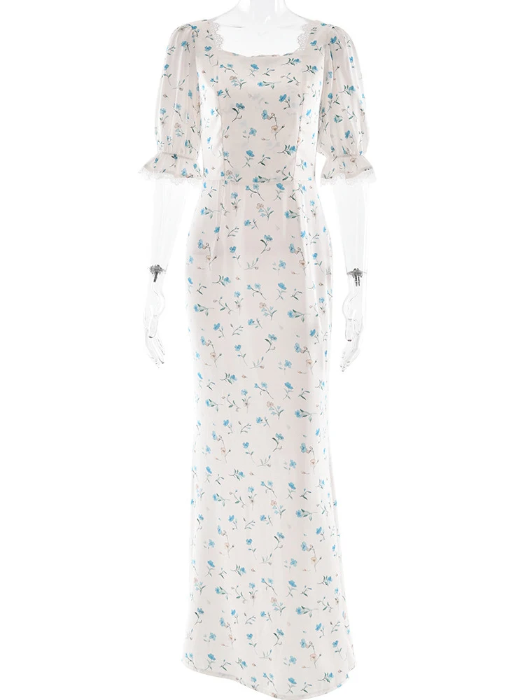 Oniflyme manches bouffantes imprimé fleuri robe Maxi femmes élégant dentelle Patchwork pansement mince robes de soirée dame vacances robes de rue