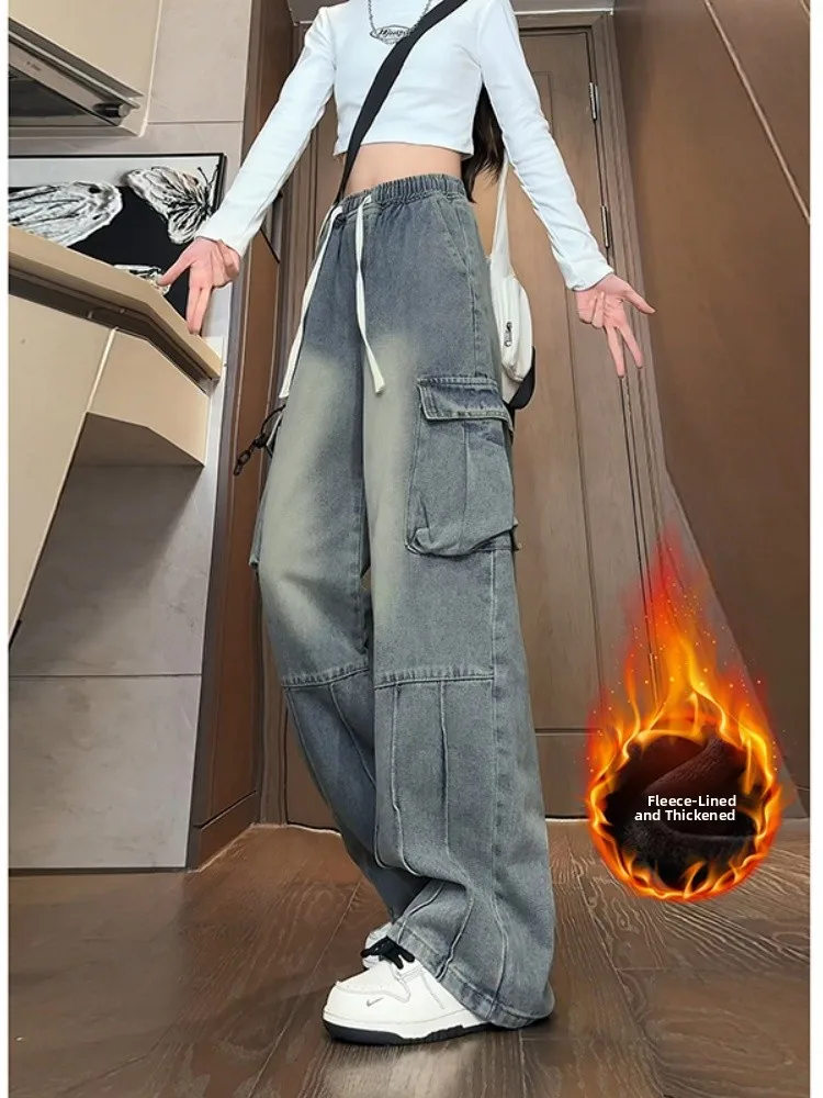 

Мужские рабочие джинсы из денима, зимние утепленные прямые брюки, американские широкие брюки в стиле High Street