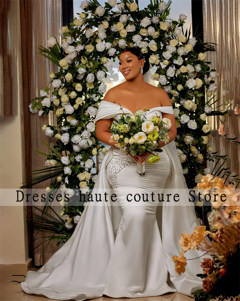 Robes de mariée africaines en dentelle, épaules dénudées, style sirène, élégantes, Aso Ebi, perles, grande taille, personnalisées, 2025