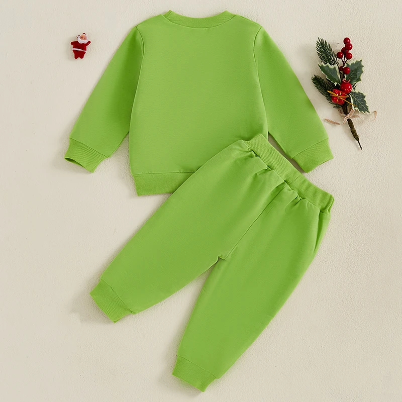 Baby Boy Girl Christmas Outfit Green Monster Long Sleeve Sweatshirt Solid Long Pants 2 Piece Set