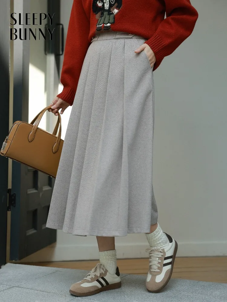 Jupe mi-longue plissée en mélange de laine Preppy pour femme, taille haute, ligne a, jupe d'hiver élégante, épaisse, longue, détail de boutons, usage quotidien