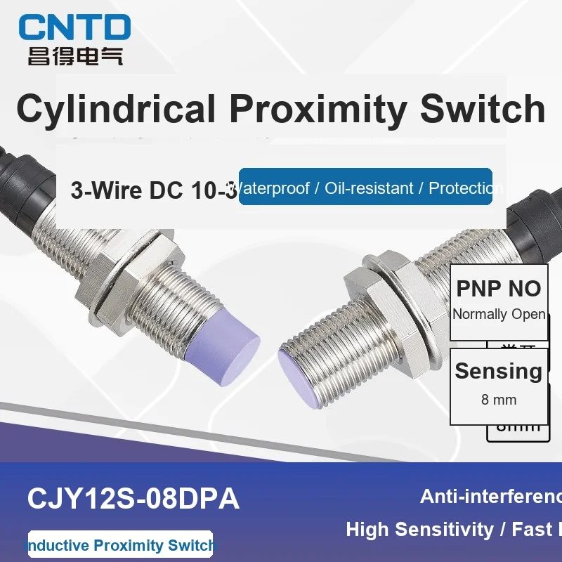 CNTD proximity switch inductive proximity sensor M12 8mm PNP NO DC 10-30V 3 wire IP67 CJY12S-08DPA non-shielded