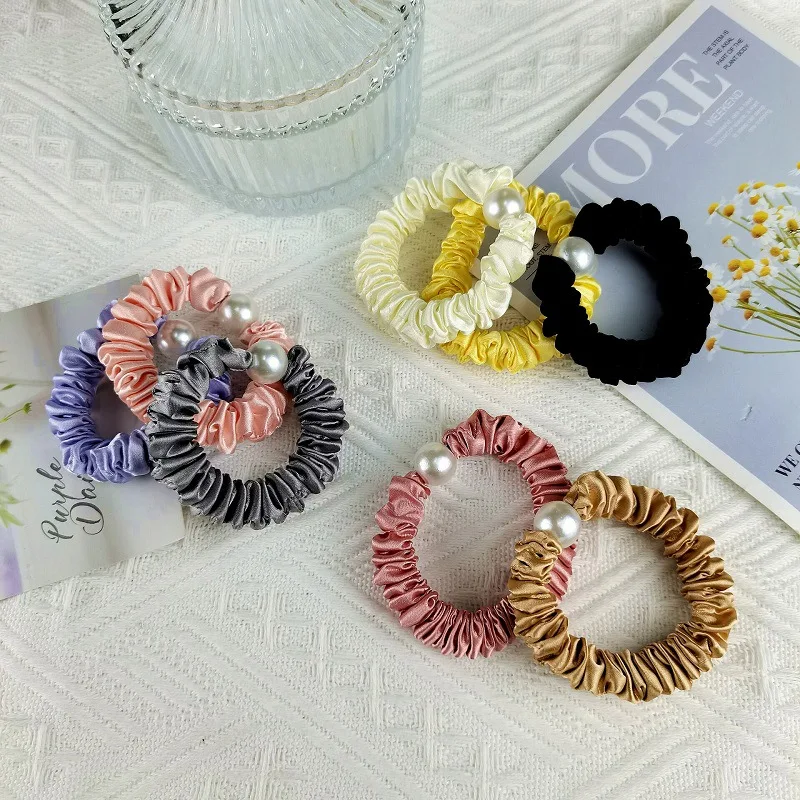 Fashion Pearl Chiffon Scrunchies Headband Girls Elastic Rubber Hair Band Women Ponytail Holder Hair Ties Accessories