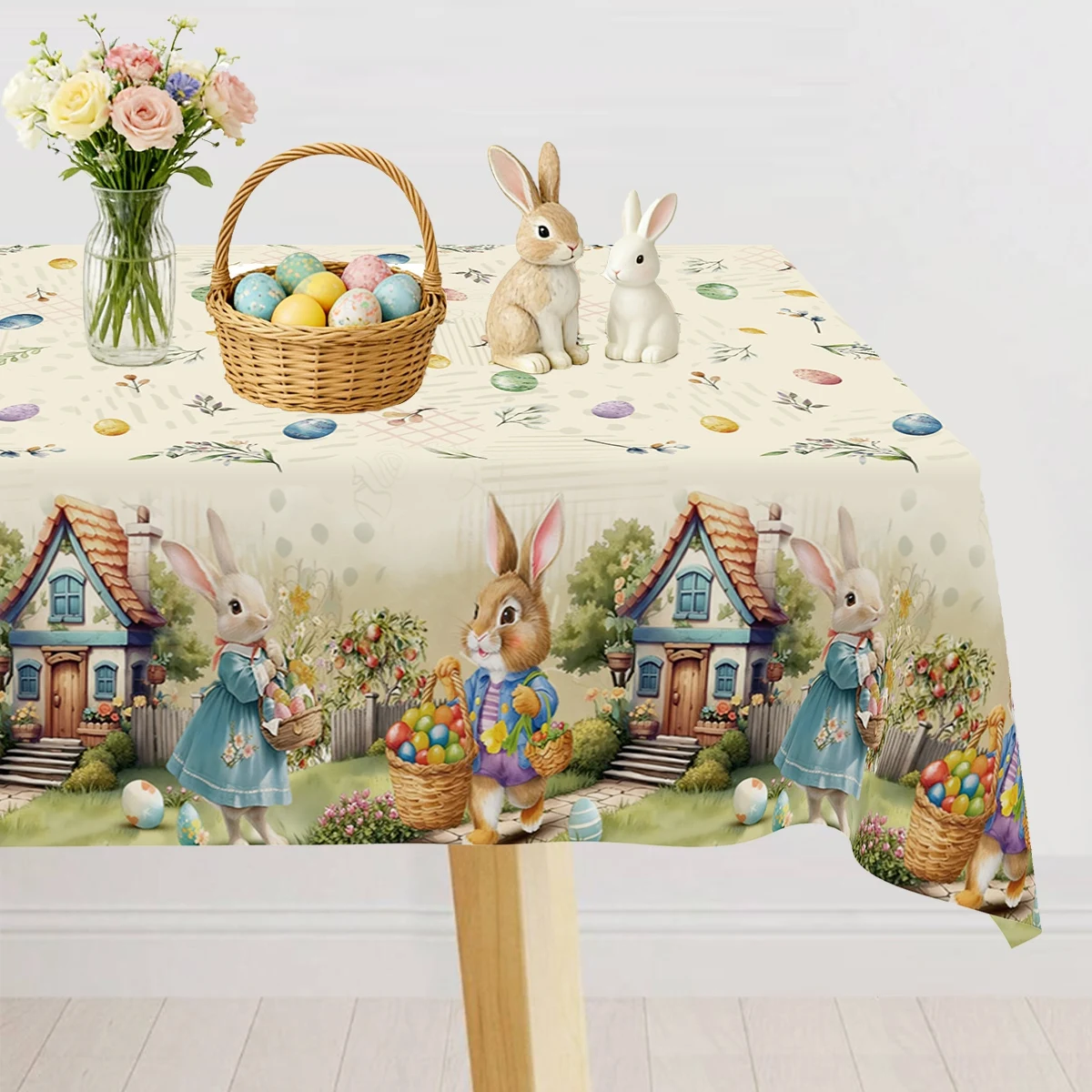 Easter Rectangle Tablecloth Spring Floral Printed Table Cloth Cute Bunny Easter Eggs Design Table Cover Dining Room Decor Home