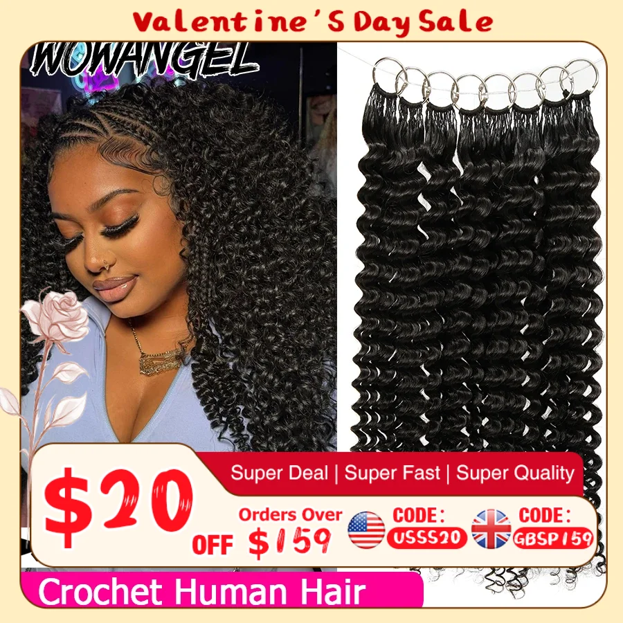 Deep Wave Crochet Human Hair For Braiding Curly Invisible Knot Pre Separated Knotless Crochet Human Hair Extensions With String