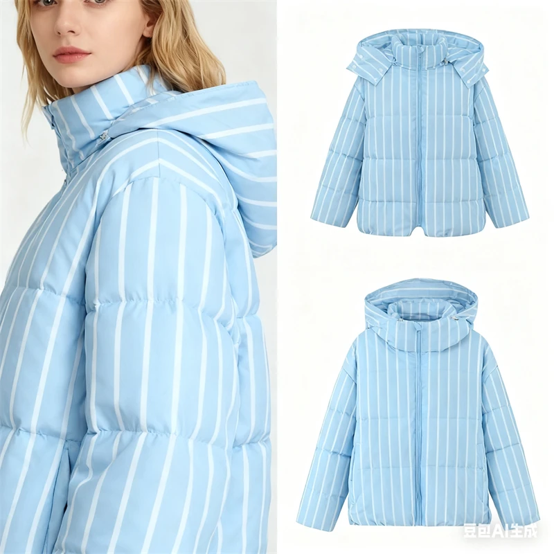 

Women's striped down jacket with a detachable hood and front zipper, light blue and brown vertical stripes, warm coat suitable f