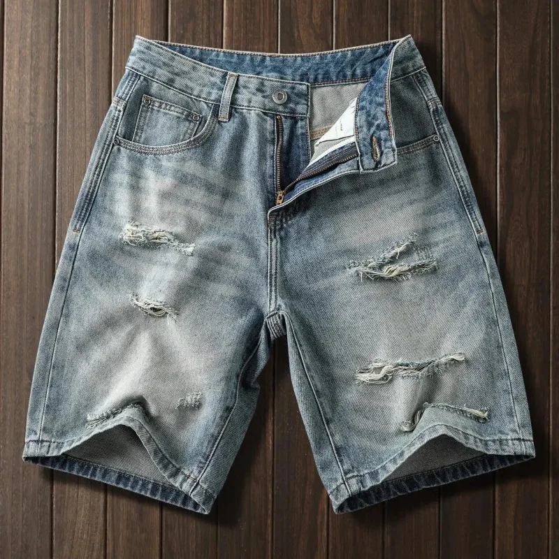 

Vintage Ripped Denim Pants Summer 2026 For Men, American Style Brand Streetwear Fashion, Loose Fit Five-Part Length Simple, Styl