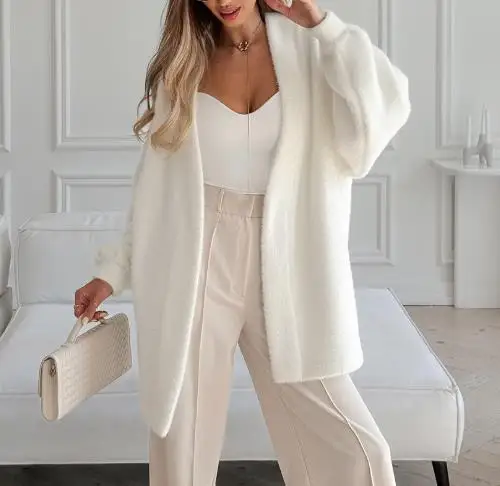 الخريف والشتاء كسول نمط الأبيض الخامس الرقبة طويلة الأكمام الدانتيل يصل فضفاضة عادية منتصف طول سترة أفخم سترة الموضة الأنيقة