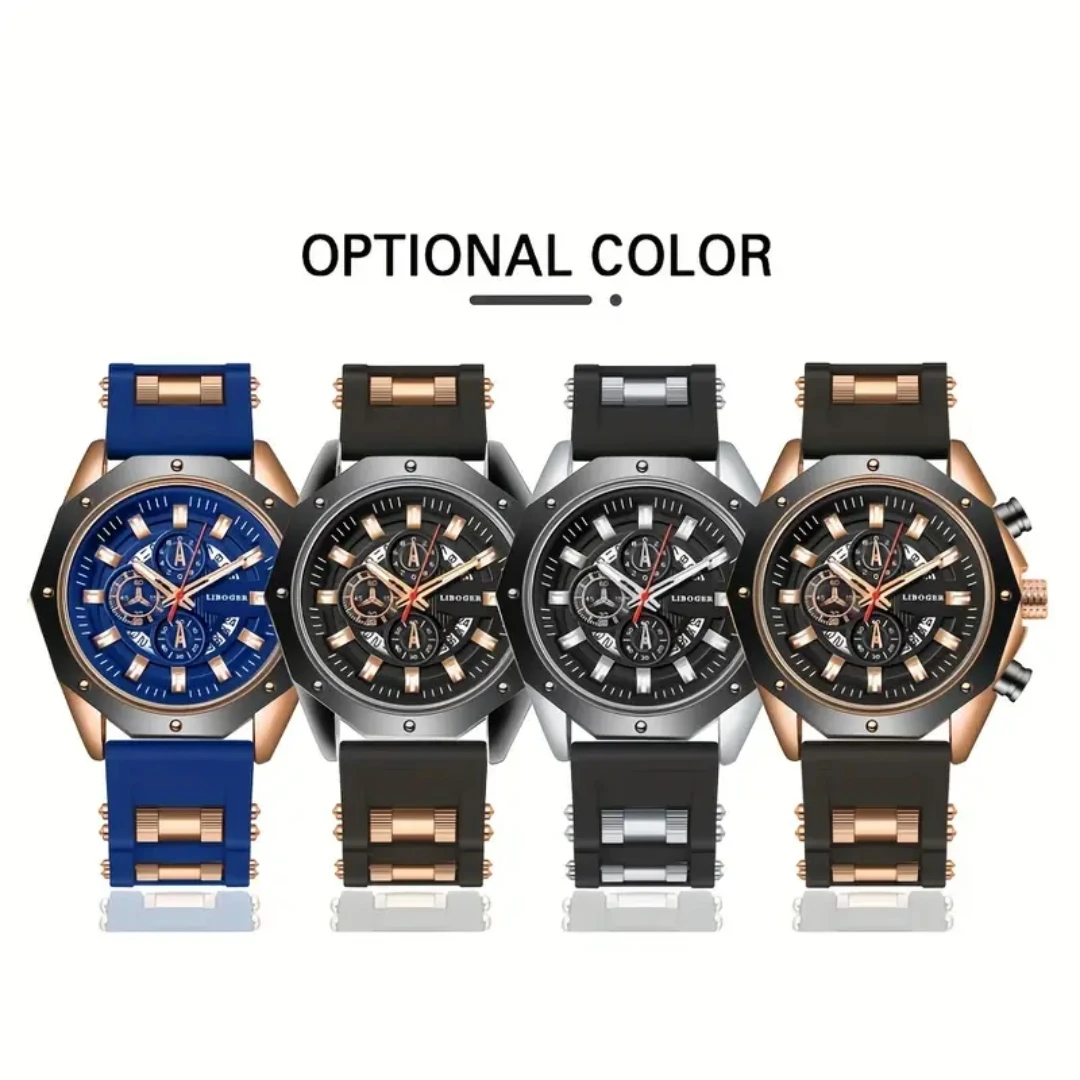 1PC Men\'s Fashion Watch Casual Silicone Strap Quartz Watch Sports Style Calendar Watch