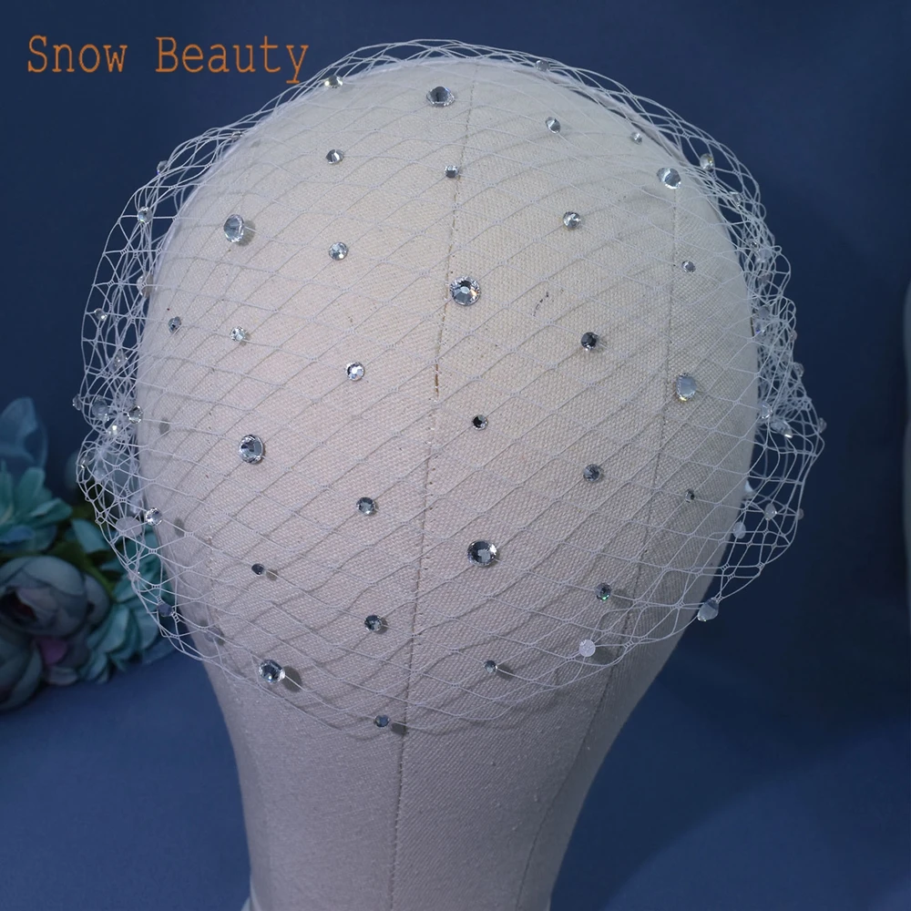 JM24 Bridal Short Veil with Rhinestone Fascinator Mesh Veil Single-layered Birdcage Veil for Wedding White Blusher Headpiece