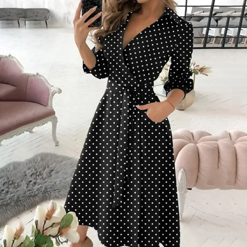 2023 Autumn and Winter Women\'s Turn Down Collar Button Drawstring Printing Fashion Casual Elegant Commuter Long Sleeve Dress