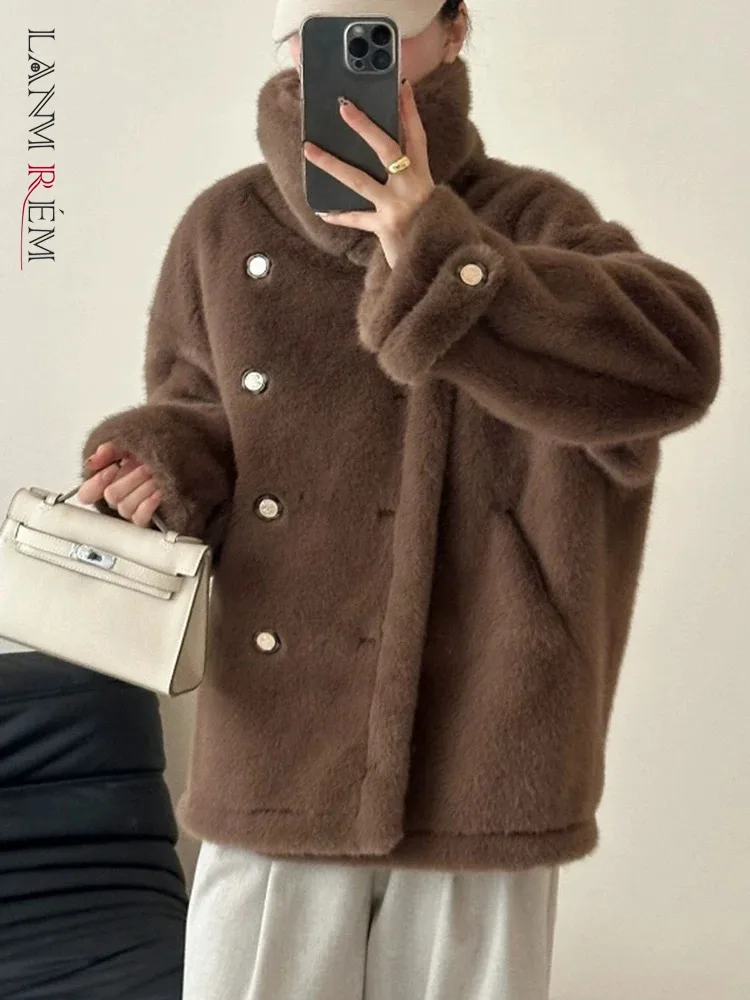 LANMREM Fashion Winter Fur Jacket Women's Turtleneck Solid Color Double Breasted Coat Korean Style Female New Clothing 2VV1876