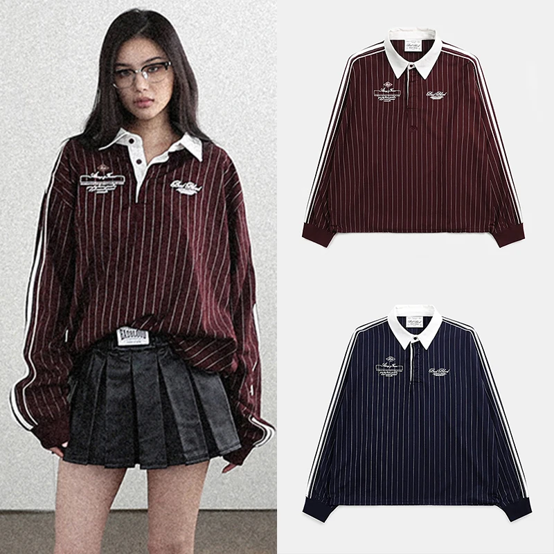 

Свободный женский топ в полоску с воротником в американском стиле ретро, ранняя весна, ленивый топ, удобный дышащий материал